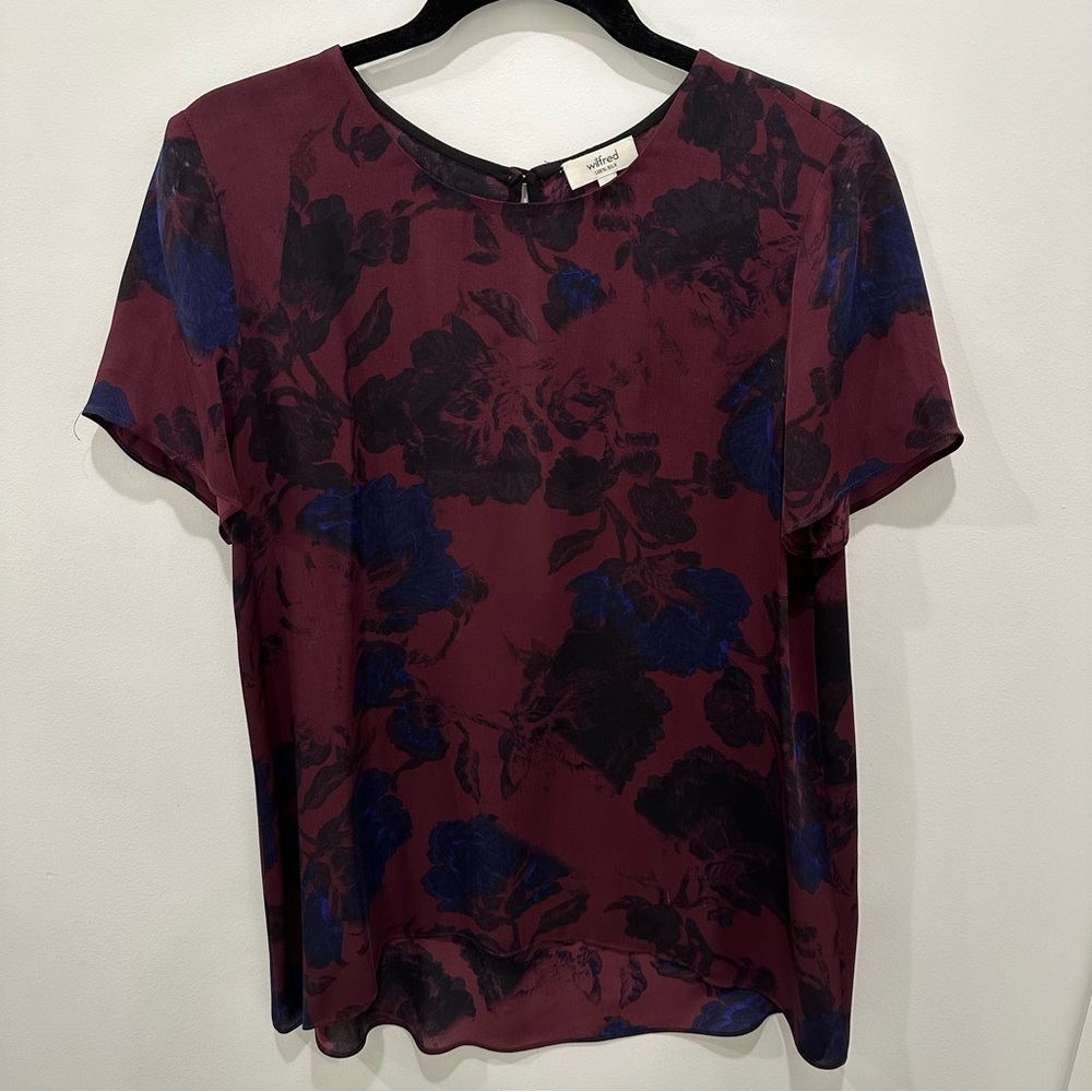 Wilfred Burgundy Floral Short Sleeve Blouse with Navy and Black Accents